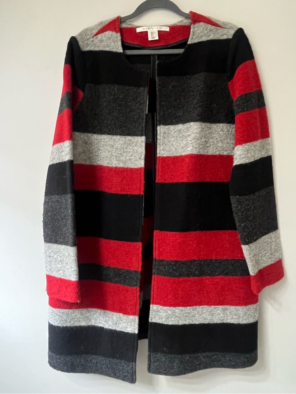 Max Studio Wool Blend Red Black Gray Long Open-Front Cardigan